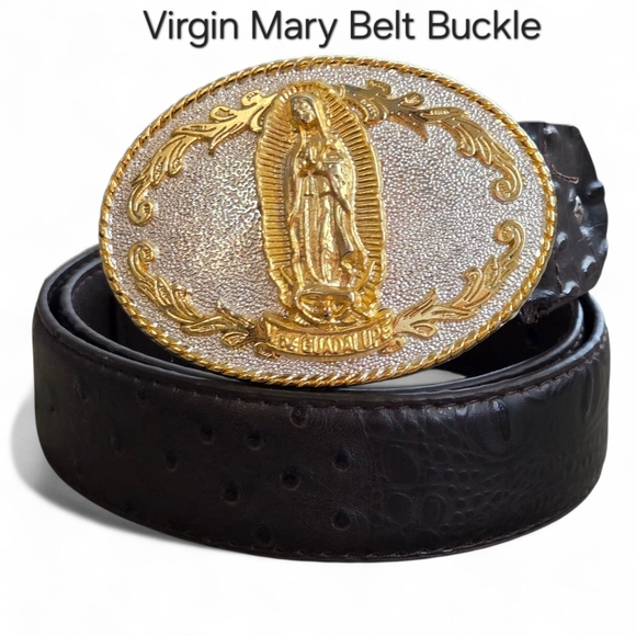 Virgin Mary Gold and Silver Belt Buckle - Picture 1 of 7